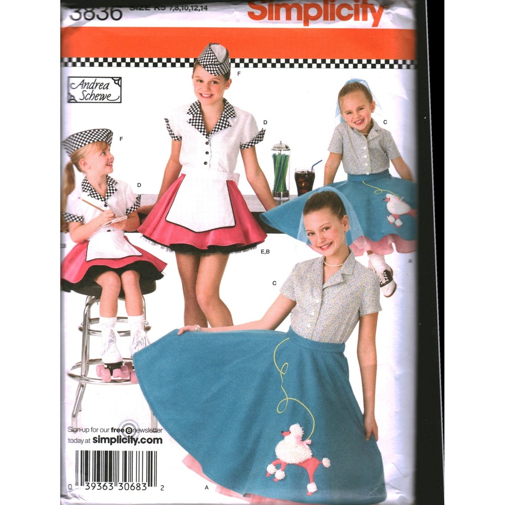 Simplicity 3836 Girls 50s Poodle Skirt Waitress Costume Sewing Pattern Size 7-14